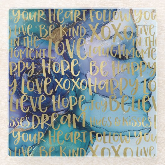 ブルーメス顔金ゴールド感動的引用文 ガラスコースター (正面)