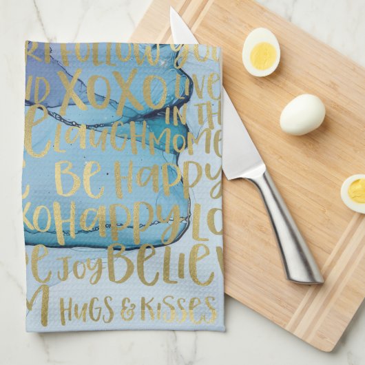 ブルーメス顔金ゴールド感動的引用文 キッチンタオル (四つ折り)