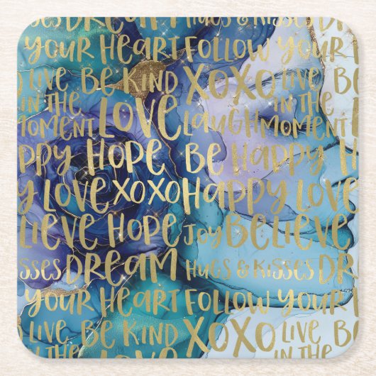 ブルーメス顔金ゴールド感動的引用文 スクエアペーパーコースター (正面)