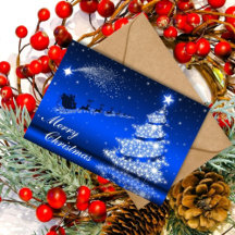 ブルーメタリックきらめくクリスマスツリーカード
