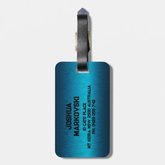 ブルーメタリックカスタムテクスチャタイポグラフィ ラゲッジタグ (裏面縦)