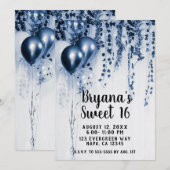 ブルーメタリックパーティーバルーンIvyホワイトスウィート16 招待状 (正面/裏面)