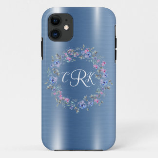 ブルーメタリックフローラモノグラムのパーソナライズガーリー iPhone 11 ケース