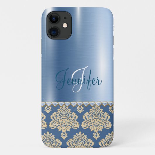 ブルーメタリックフローラモノグラムのパーソナライズガーリー Case-Mate iPhoneケース (裏面)