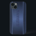 ブルーメタリックブラッシュアルミニウムジオメトリックアクセント iPhone 13ケース<br><div class="desc">ダークブルーのメタリック背景、シンプルブルージオメトリックなパターンのアクセントでブラッストライプシュされたアルミニウム。カスタムとオプションのモノグラム他の製品で利用可能</div>
