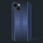 ブルーメタリックブラッシュアルミニウムジオメトリックアクセント iPhone 13ケース<br><div class="desc">ダークブルーのメタリック背景、シンプルブルージオメトリックなパターンのアクセントでブラッストライプシュされたアルミニウム。カスタムとオプションのモノグラム他の製品で利用可能</div>