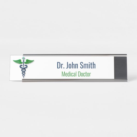 ブルーメディカルカドゥセスグリーンウイングクロススタイリッシュ デスクネームプレート (正面)