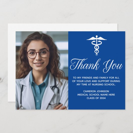 ブルーメディカルスクール卒業写真カスタム サンキューカード (正面/裏面)