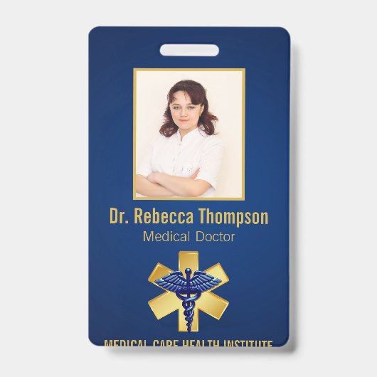 ブルーメディカル3Dカドゥセウス金ゴールド救急医療隊員写真ID バッジ (Front)