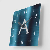 ブルーメモダンタルエレガントモノグラム名 スクエア壁時計 (傾斜)