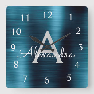 ブルーメモダンタルエレガントモノグラム名 スクエア壁時計
