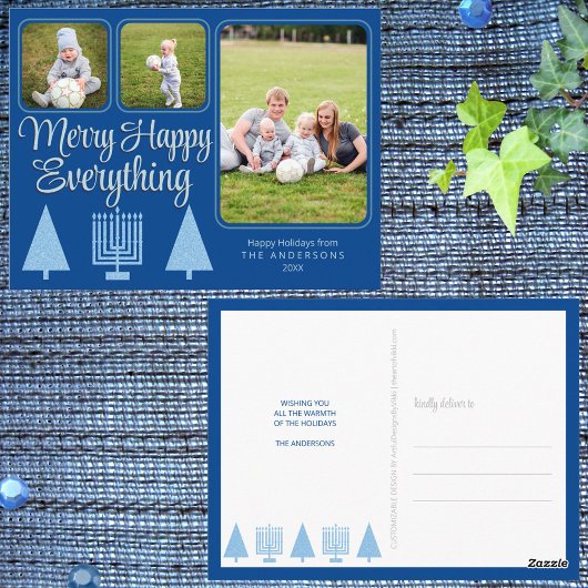 ブルーメリーインターフェイスファミリーキッズ3フォトホリデー ポストカード