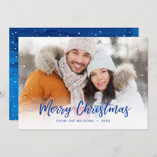 ブルーメリークリスマススクリプトオーバーレイホリデーフォト シーズンカード (正面/裏面)