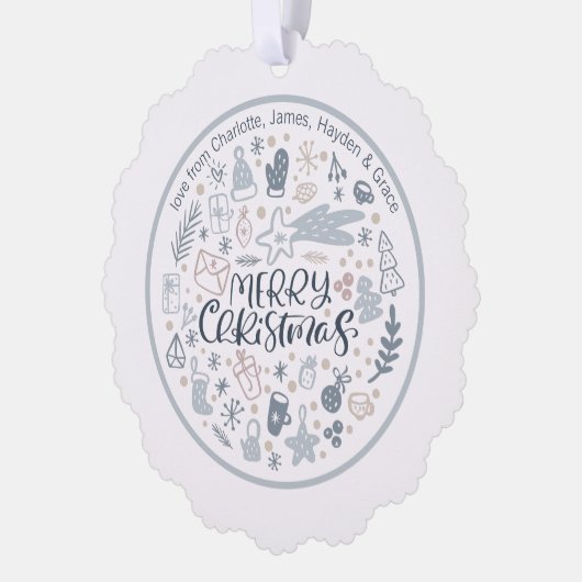 ブルーメリークリスマスタイポグラフィパーソナライズされた写真 オーナメントカード (左)