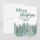 ブルーメリークリスマスツリーの森のトナカイモダンホリド シーズンポストカード (正面/裏面)
