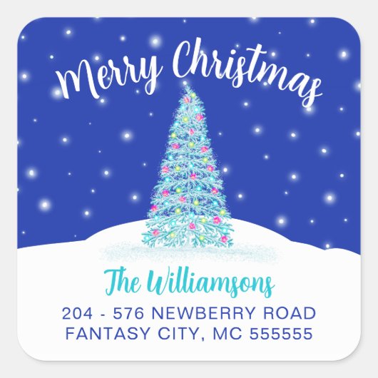 ブルーメリークリスマスツリー差出人住所ラベル スクエアシール (正面)