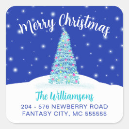 ブルーメリークリスマスツリー差出人住所ラベル スクエアシール