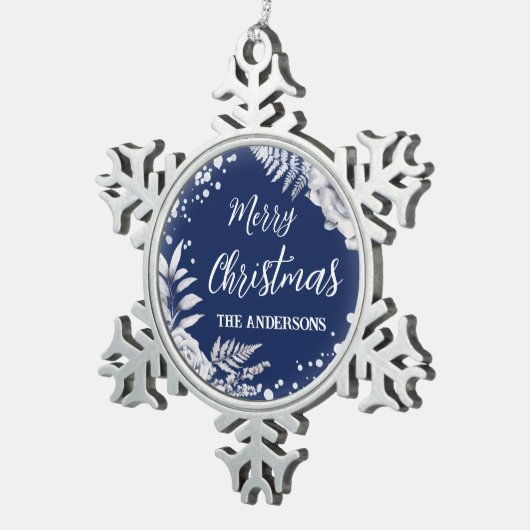 ブルーメリークリスマス白フローラ氷花 スノーフレークピューターオーナメント (右)