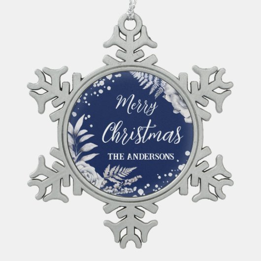 ブルーメリークリスマス白フローラ氷花 スノーフレークピューターオーナメント (正面)
