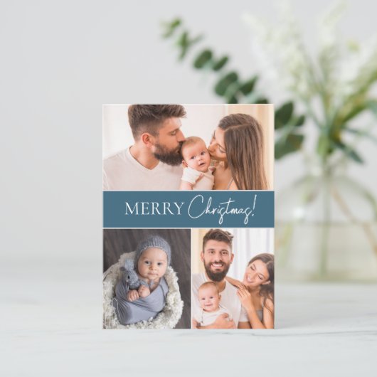 ブルーメリーモダンクリスマス複数の家族の写真 シーズンポストカード (スタンド正面)