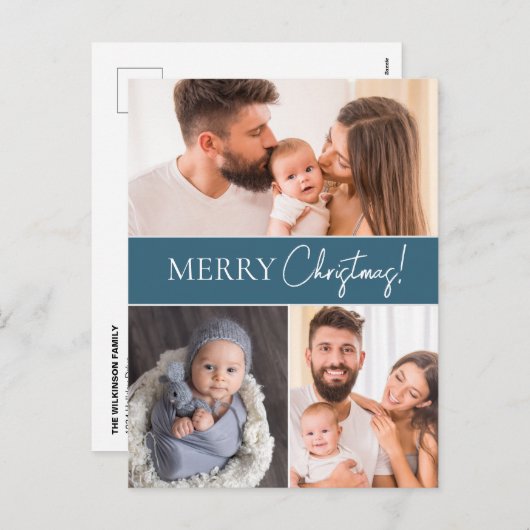 ブルーメリーモダンクリスマス複数の家族の写真 シーズンポストカード (正面/裏面)
