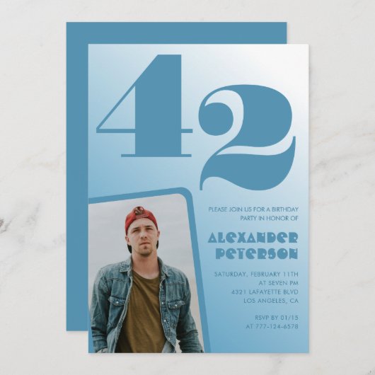 ブルーメンフォトグラディエント42歳の誕生日招待状 招待状 (正面/裏面)