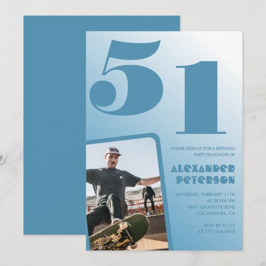 ブルーメンフォトグラディエント51歳の誕生日招待状 招待状 (正面/裏面)