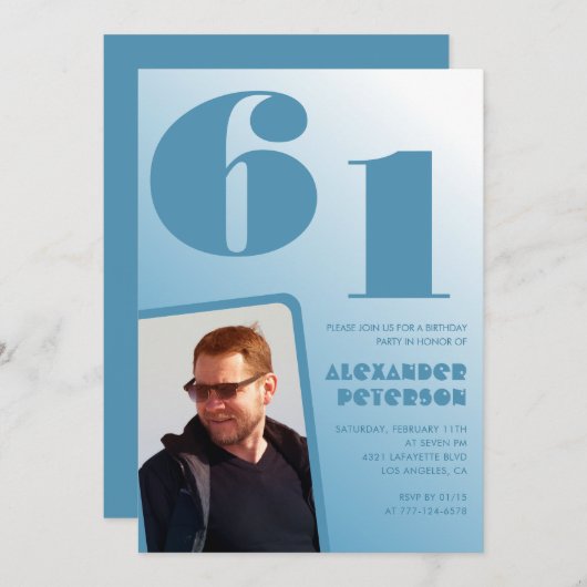 ブルーメンフォトグラディエント61歳の誕生日招待状 招待状 (正面/裏面)