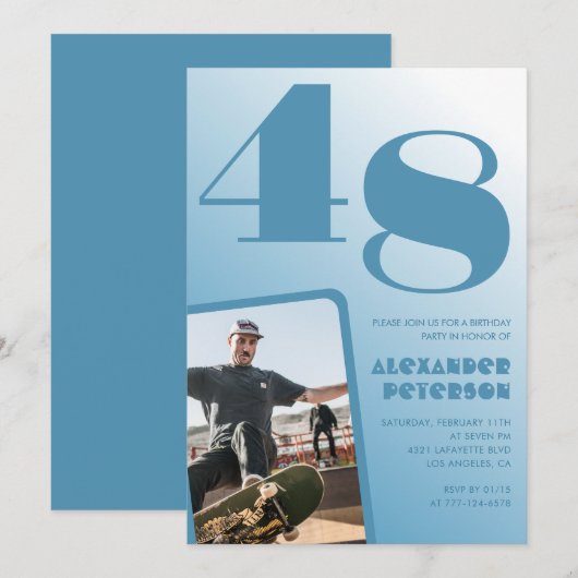 ブルーメン写真グラデーション48歳の誕生日招待状 招待状 (正面/裏面)