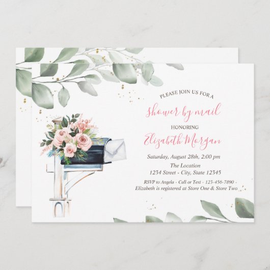 ブルーメールボックスツリーリーフバーチャルベビーシャワー 招待状 (正面/裏面)