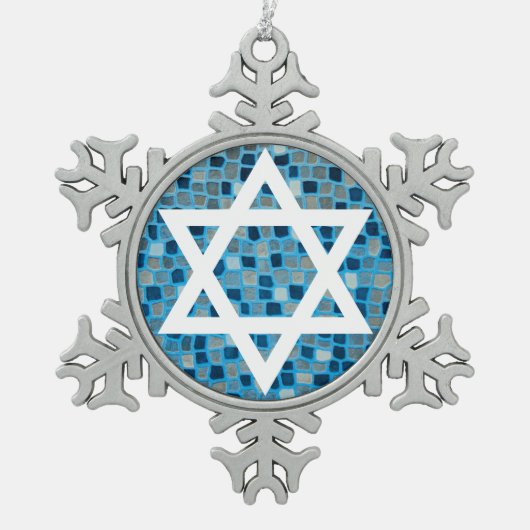 ブルーモザイクタイルにダビデの星オーナメント スノーフレークピューターオーナメント (正面)