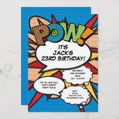 ブルーモダンおもしろい誕生日パーティー漫画ブックAny Age 招待状 (正面/裏面)