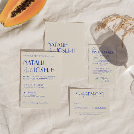 ブルーモダンお洒落フランスのレトロボホ結婚ズ 招待状