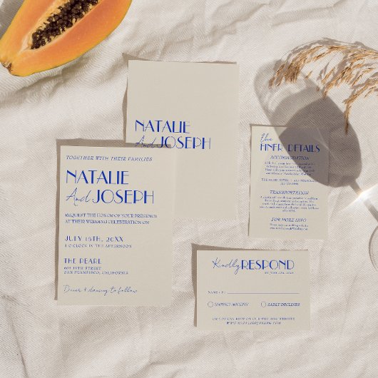 ブルーモダンお洒落フランスのレトロボホ結婚ズ 招待状