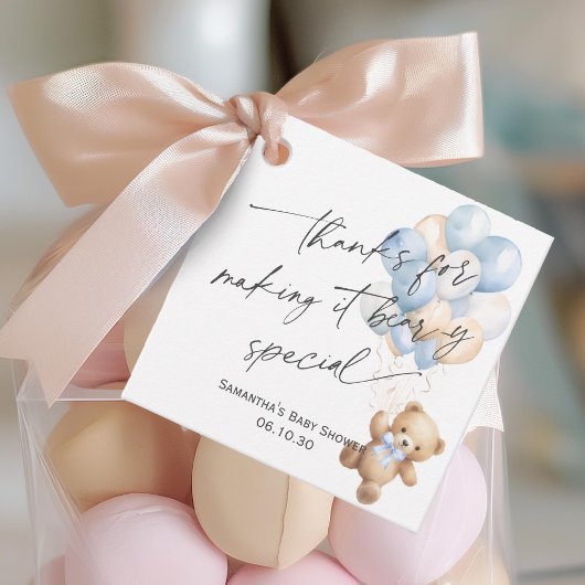 ブルーモダンかわいいテディベアとバルーンシャワー フェイバータグ