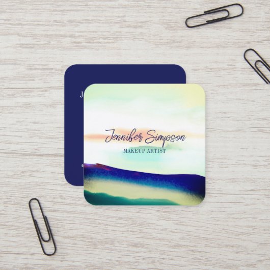 ブルーモダンとトルコイズ抽象芸術タイポグラフィ スクエア名刺 (正面/裏面インサイチュ)