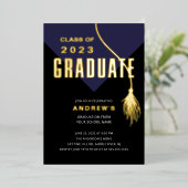 ブルーモダンはっきりしたグラードキャップ卒業 箔招待状 (立ち正面)