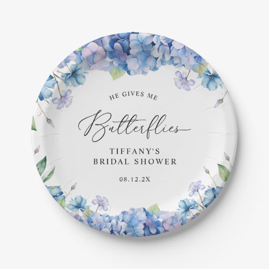 ブルーモダンアジサイフローラブライダルシャワー ペーパープレート (正面)
