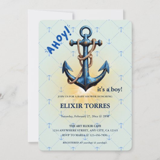 ブルーモダンアホイ!いかり航海のベビシャワー 招待状 (正面)