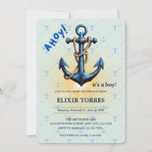 ブルーモダンアホイ！いかり航海のベビシャワー 招待状 (正面)