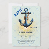 ブルーモダンアホイ！いかり航海のベビシャワー 招待状 (正面)