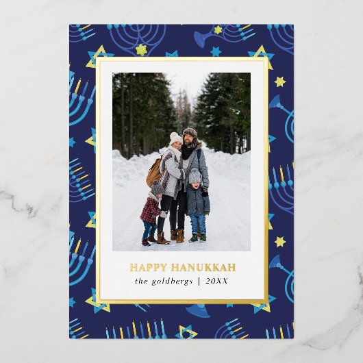 ブルーモダンイエロー（ユダヤ教）メノラースター3枚の写真ハヌカー 箔シーズンカード (正面)
