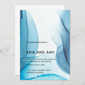 ブルーモダンインクアート抽象芸術結婚式招待状 (正面/裏面)