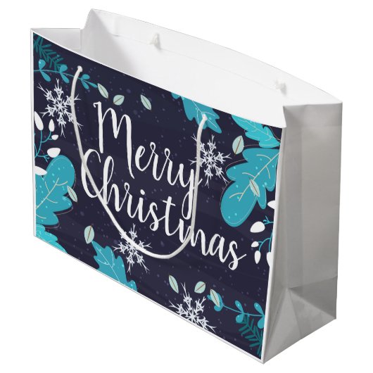 ブルーモダンウィンターボタニカルカスタムクリスマス ラージペーパーバッグ (裏面アングル)