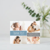 ブルーモダンウェルカムホーム男の赤ちゃんフォトコラージュ 案内ポストカード (スタンド正面)