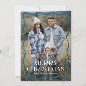 ブルーモダンウェーブフレームメリークリスマス3写真 シーズンカード (正面)