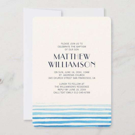 ブルーモダンウォーター色ストライプ洗礼招待状 招待状 (正面)