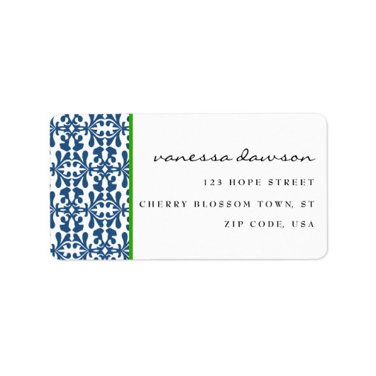ブルーモダンエレガントアラベスクダマスクパーソナライズされた ラベル (正面)