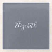 ブルーモダンエレガントグレーリネン ガラスコースター (正面)