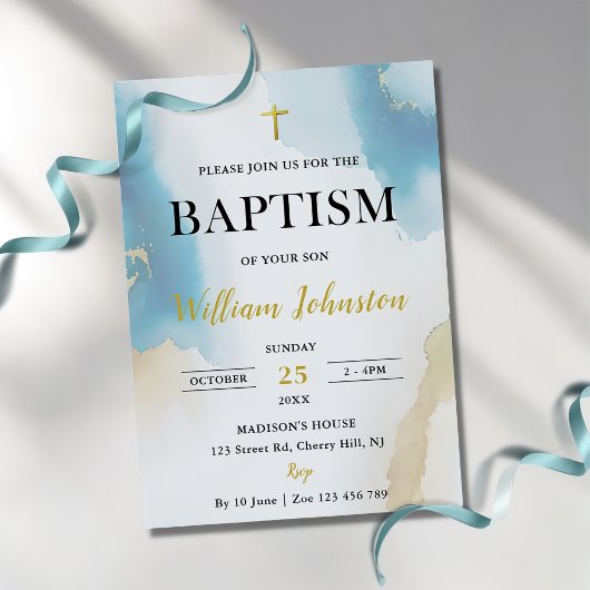 ブルーモダンエレガントバプテスマ招待状 招待状